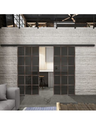 Glasschiebetür BLACK-LINE Loft Rosteisen Genietet 09 Auf Grauglas