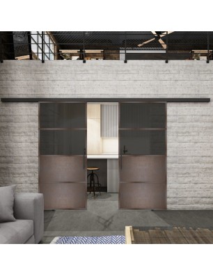 Glasschiebetür BLACK-LINE Loft Rosteisen Genietet 14 Auf Grauglas