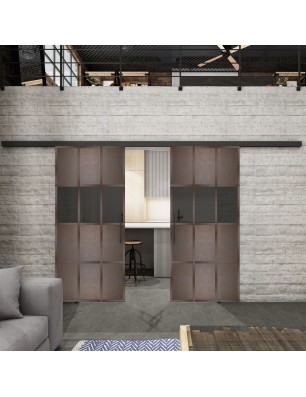 Glasschiebetür BLACK-LINE Loft Rosteisen Genietet 32 Auf Grauglas