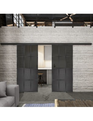 Glasschiebetür BLACK-LINE Loft Schwarzeisen Genietet 22 Auf Grauglas
