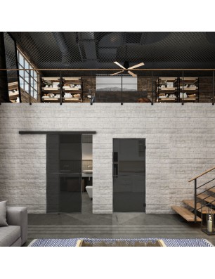 Glasschiebetür BLACK-LINE Loft Schwarzeisen Genietet 04 Auf Grauglas