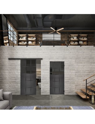 Glasschiebetür BLACK-LINE Loft Schwarzeisen Genietet 21 Auf Grauglas
