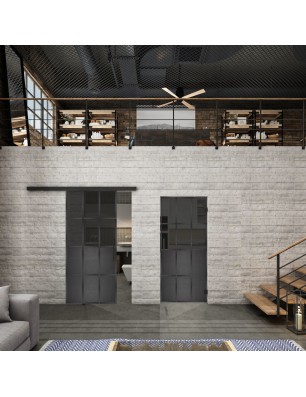 Glasschiebetür BLACK-LINE Loft Schwarzeisen Genietet 22 Auf Grauglas