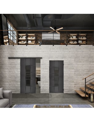 Glasschiebetür BLACK-LINE Loft Schwarzeisen Genietet 34 Auf Grauglas