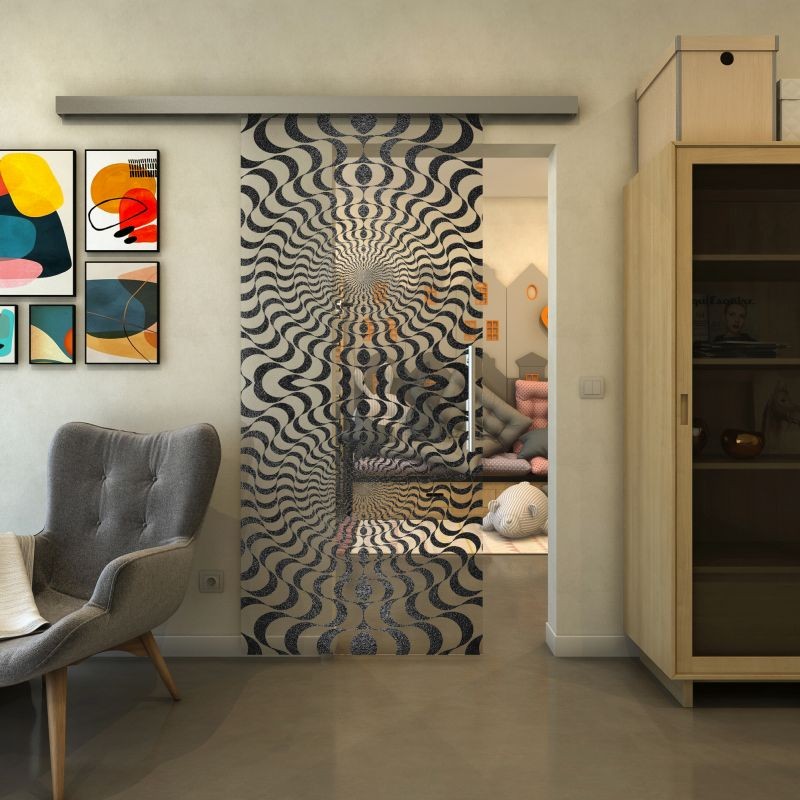 Glasschiebetür SLIM-LINE - Fineprint Modell 042 Schwarz auf Klarglas