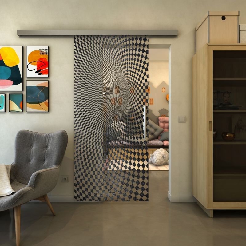 Glasschiebetür SLIM-LINE - Fineprint Modell 075 Schwarz auf Klarglas
