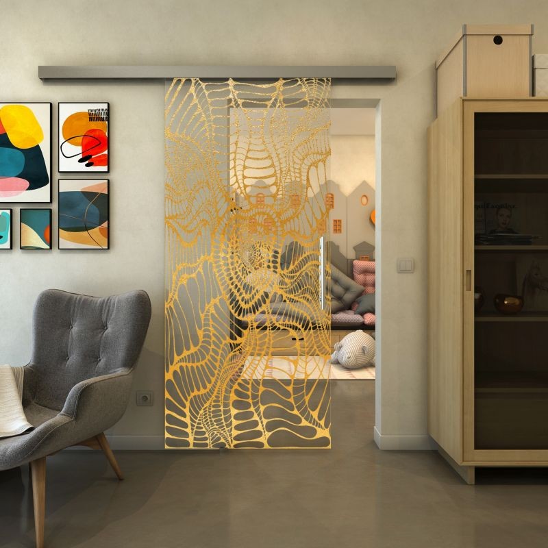 Glasschiebetür SLIM-LINE - Fineprint Modell 012 Gold auf Klarglas