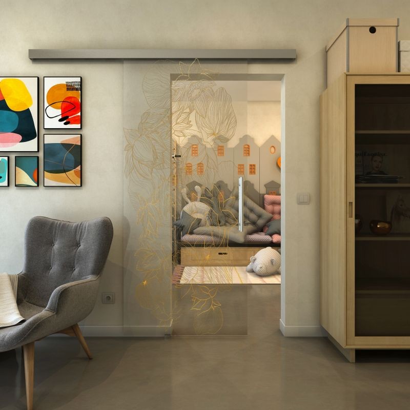 Glasschiebetür SLIM-LINE - Fineprint Modell 013 Gold auf Klarglas