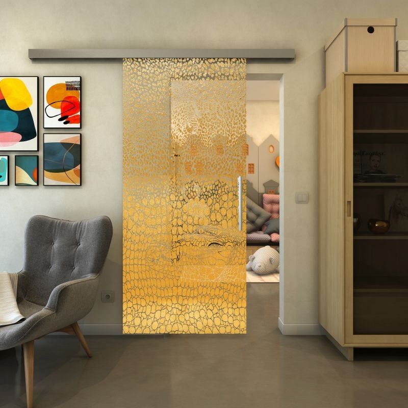 Glasschiebetür SLIM-LINE - Fineprint Modell 015 Gold auf Klarglas