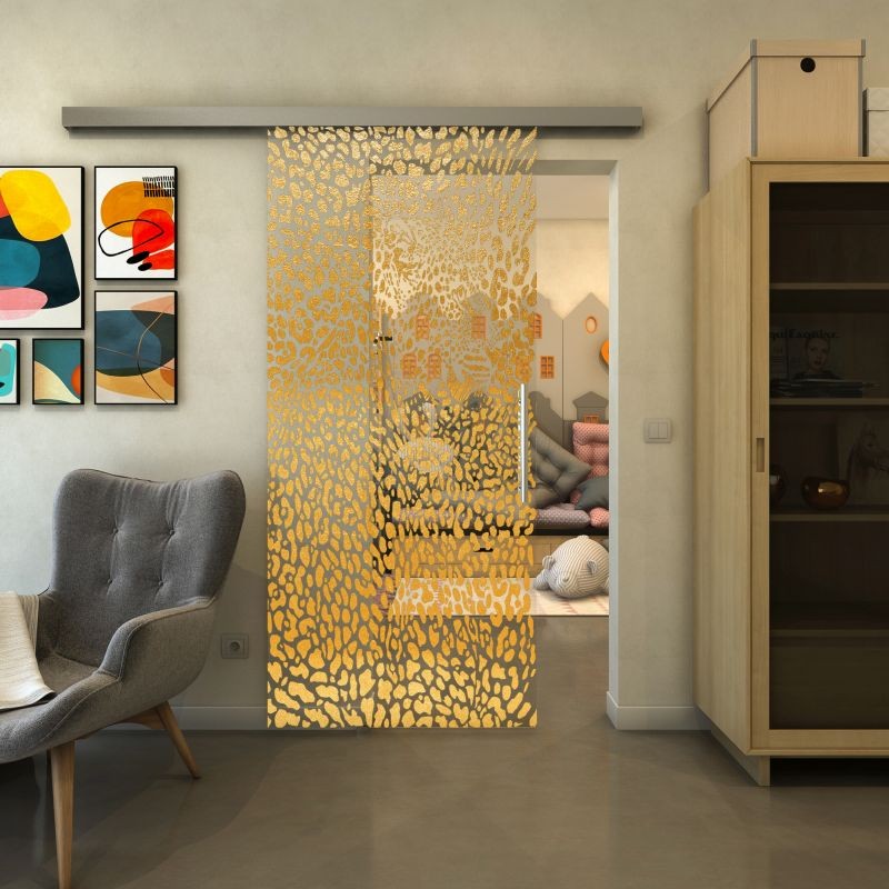Glasschiebetür SLIM-LINE - Fineprint Modell 016 Gold auf Klarglas