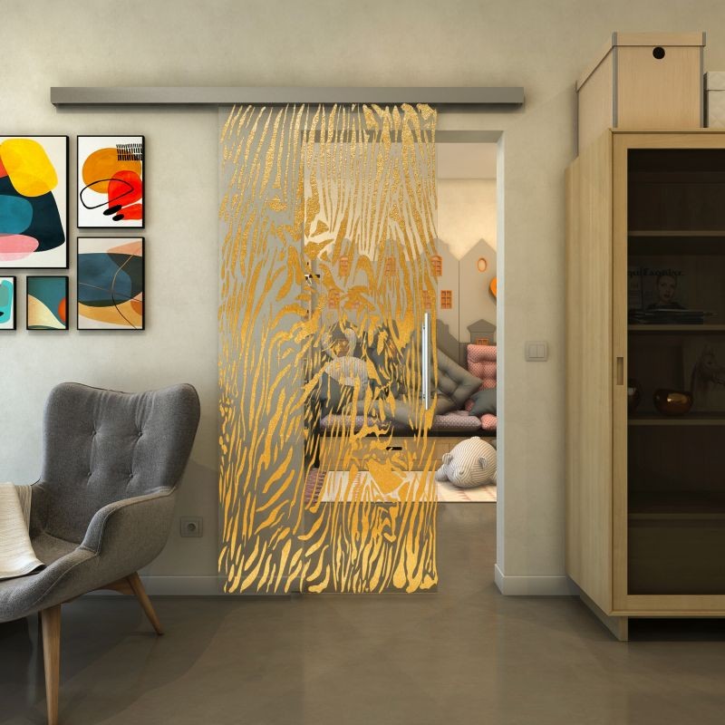 Glasschiebetür SLIM-LINE - Fineprint Modell 017 Gold auf Klarglas