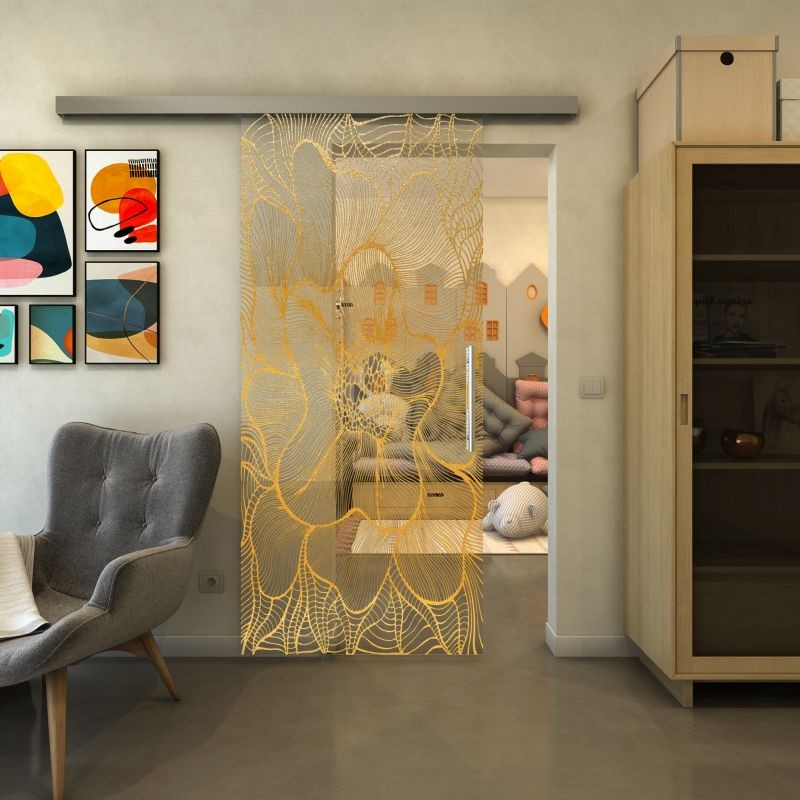 Glasschiebetür SLIM-LINE - Fineprint Modell 020 Gold auf Klarglas