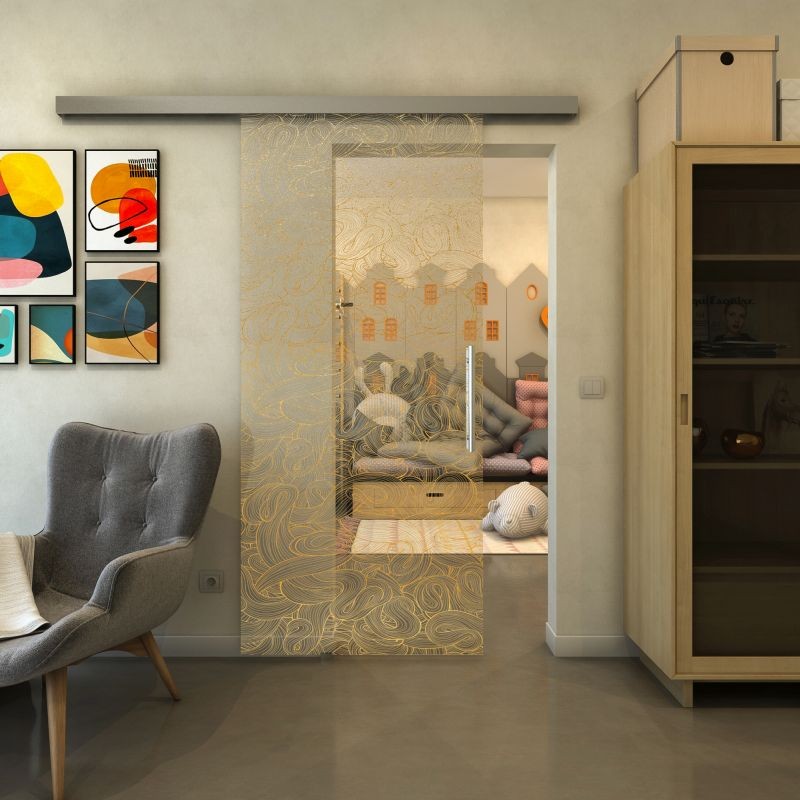 Glasschiebetür SLIM-LINE - Fineprint Modell 021 Gold auf Klarglas