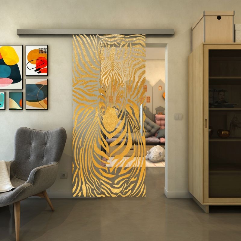 Glasschiebetür SLIM-LINE - Fineprint Modell 023 Gold auf Klarglas