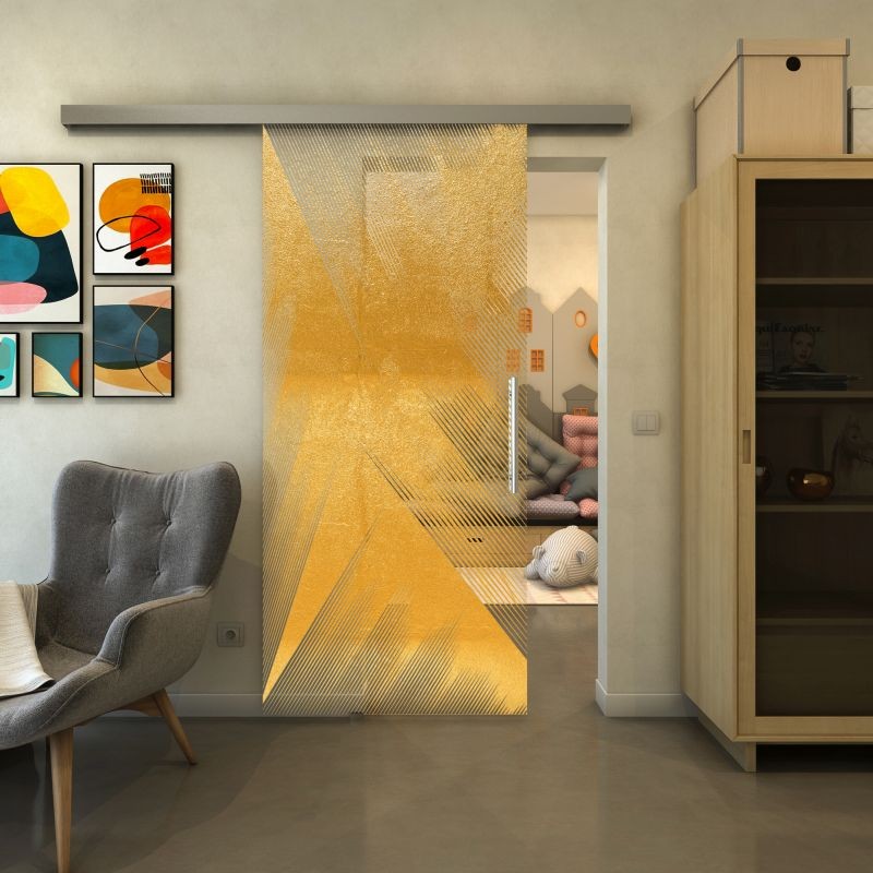 Glasschiebetür SLIM-LINE - Fineprint Modell 026 Gold auf Klarglas