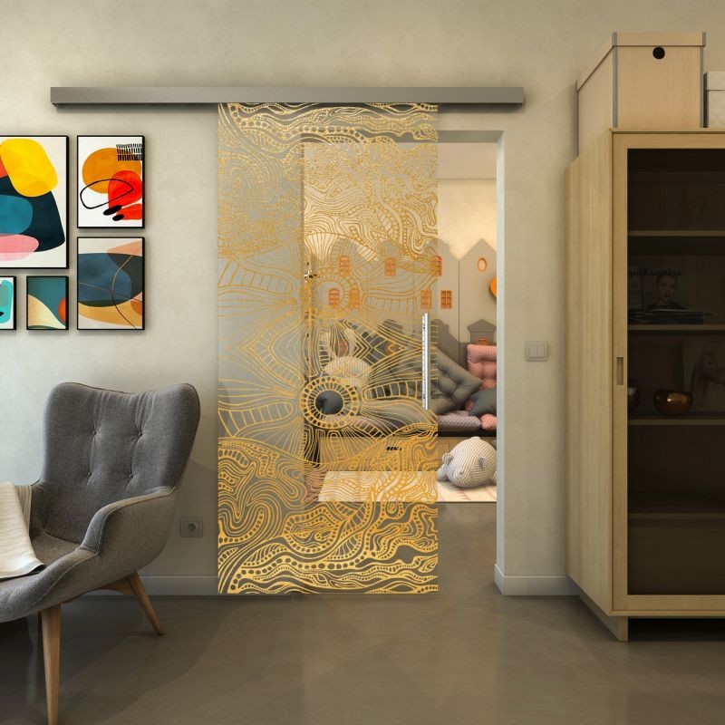 Glasschiebetür SLIM-LINE - Fineprint Modell 030 Gold auf Klarglas