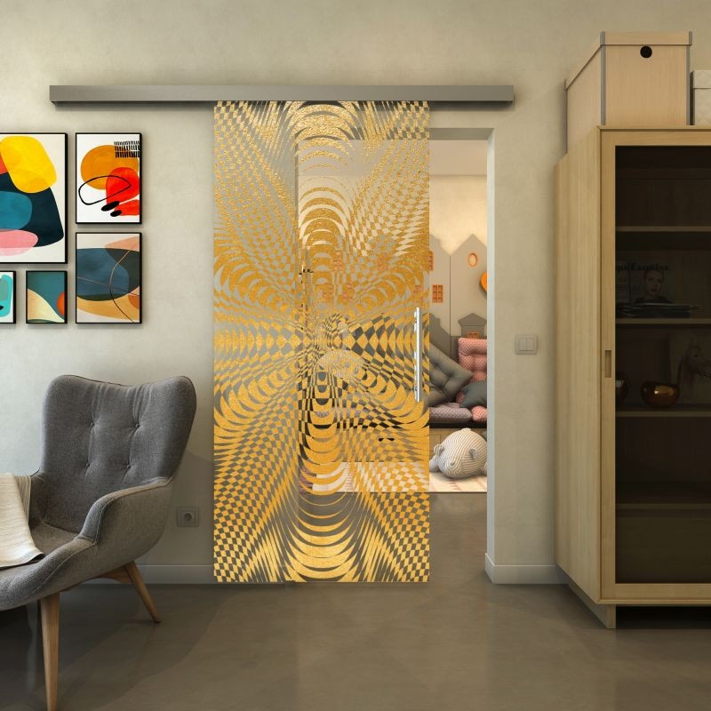 Glasschiebetür SLIM-LINE - Fineprint Modell 037 Gold auf Klarglas