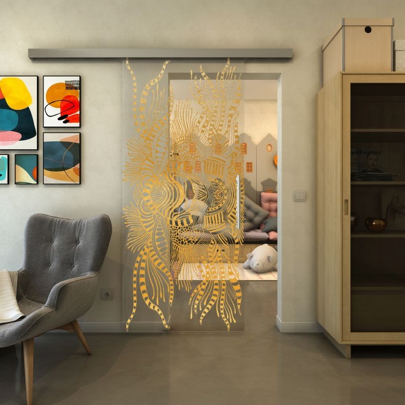 Glasschiebetür SLIM-LINE - Fineprint Modell 039 Gold auf Klarglas
