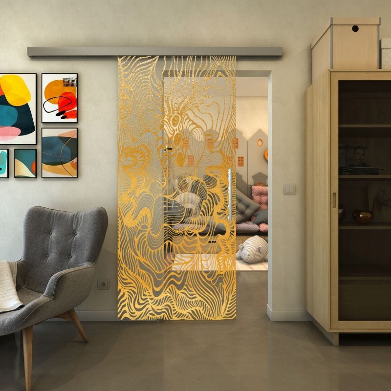 Glasschiebetür SLIM-LINE - Fineprint Modell 056 Gold auf Klarglas