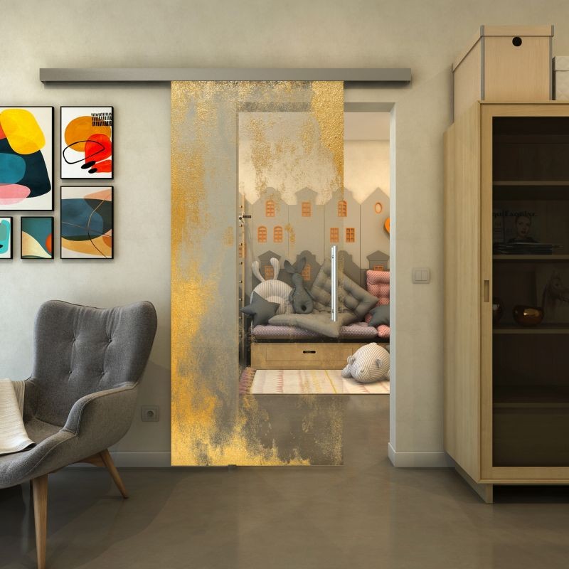 Glasschiebetür SLIM-LINE - Fineprint Modell 061 Gold auf Klarglas