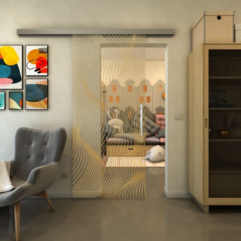 Glasschiebetür SLIM-LINE - Fineprint Modell 066 Gold auf Klarglas