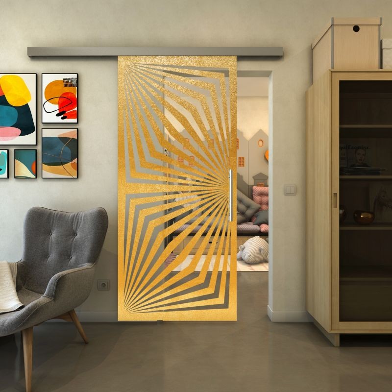 Glasschiebetür SLIM-LINE - Fineprint Modell 070 Gold auf Klarglas