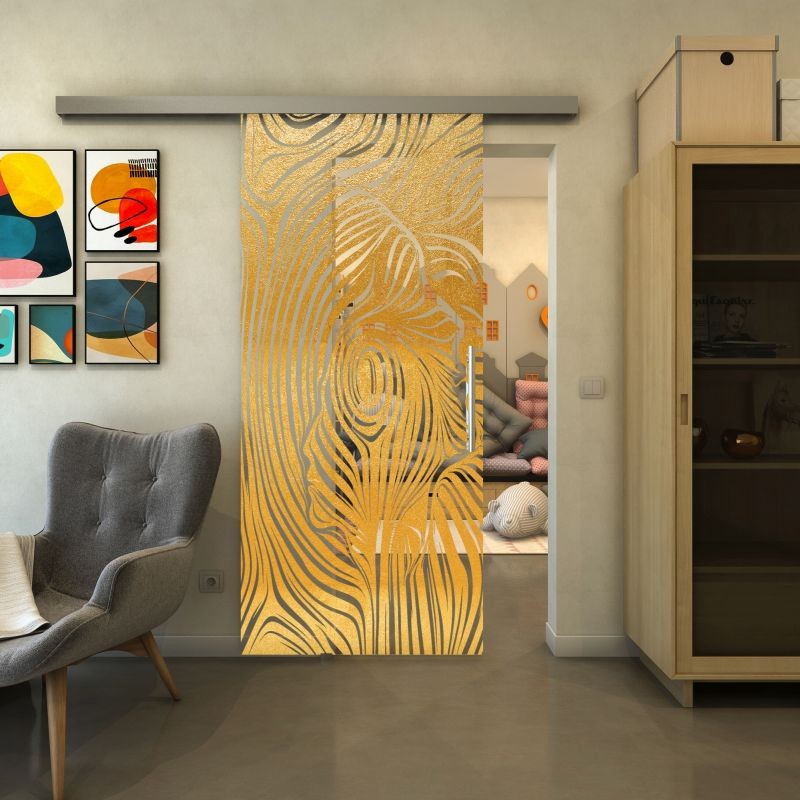 Glasschiebetür SLIM-LINE - Fineprint Modell 074 Gold auf Klarglas
