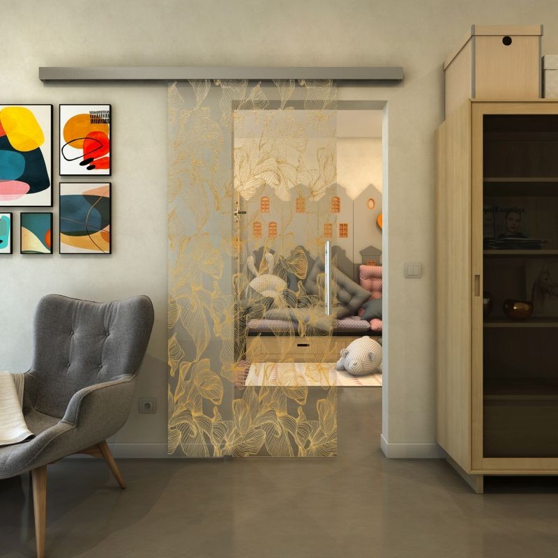 Glasschiebetür SLIM-LINE - Fineprint Modell 077 Gold auf Klarglas