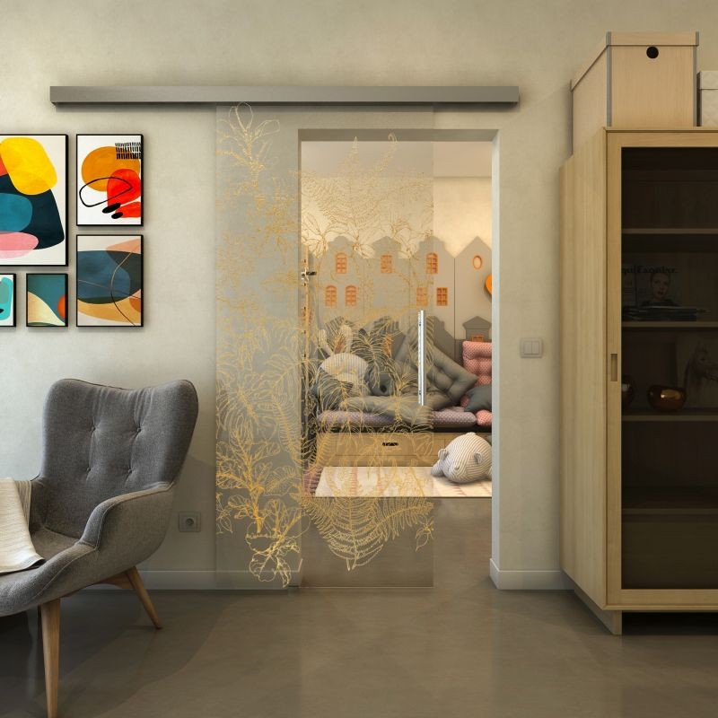 Glasschiebetür SLIM-LINE - Fineprint Modell 080 Gold auf Klarglas