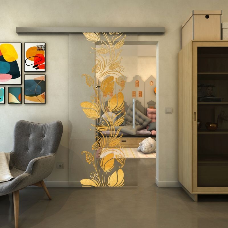 Glasschiebetür SLIM-LINE - Fineprint Modell 086 Gold auf Klarglas
