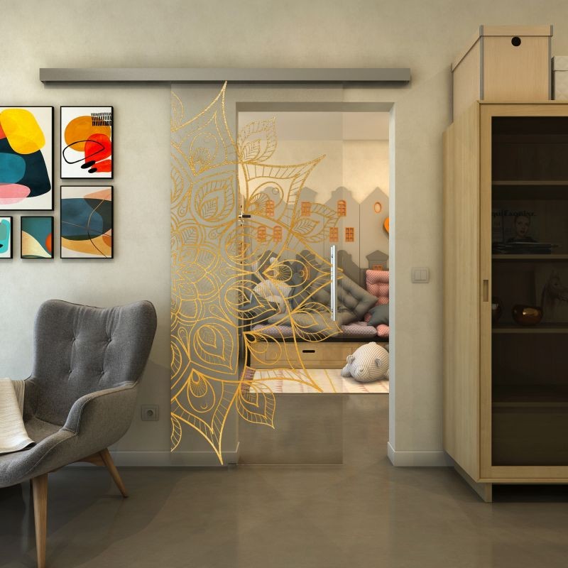 Glasschiebetür SLIM-LINE - Fineprint Modell 088 Gold auf Klarglas