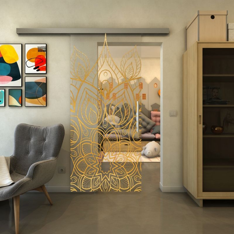 Glasschiebetür SLIM-LINE - Fineprint Modell 089 Gold auf Klarglas