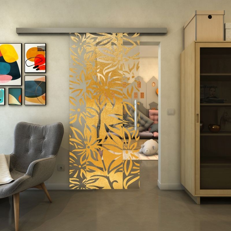 Glasschiebetür SLIM-LINE - Fineprint Modell 094 Gold auf Klarglas