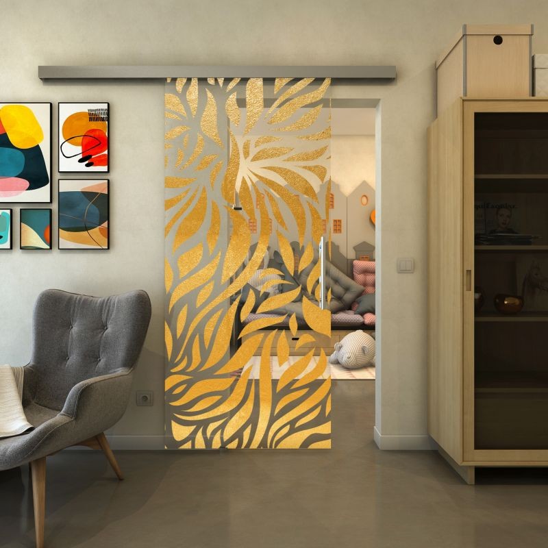 Glasschiebetür SLIM-LINE - Fineprint Modell 096 Gold auf Klarglas