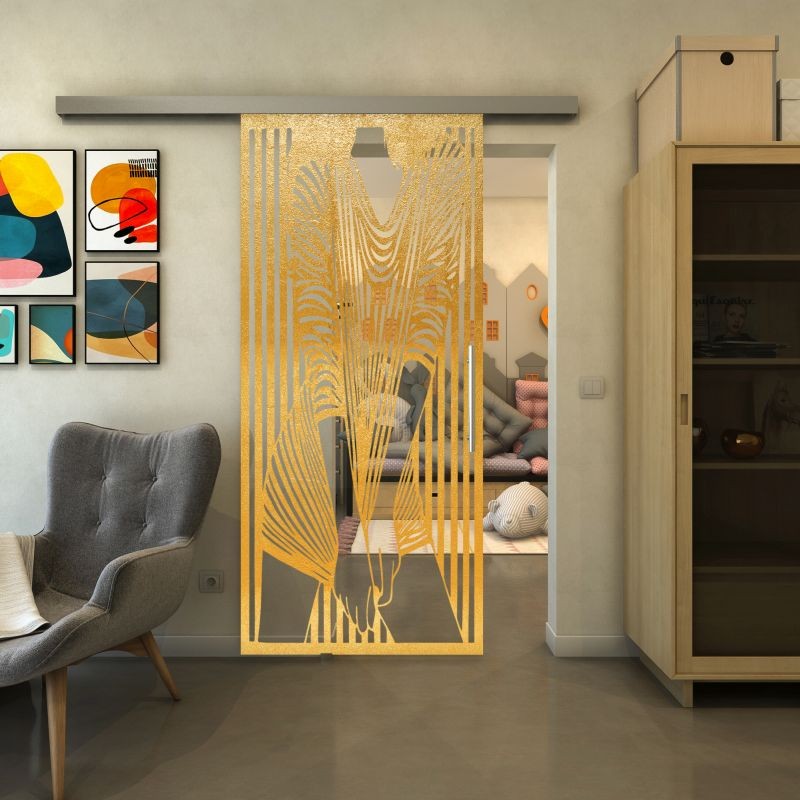 Glasschiebetür SLIM-LINE - Fineprint Modell 097 Gold auf Klarglas