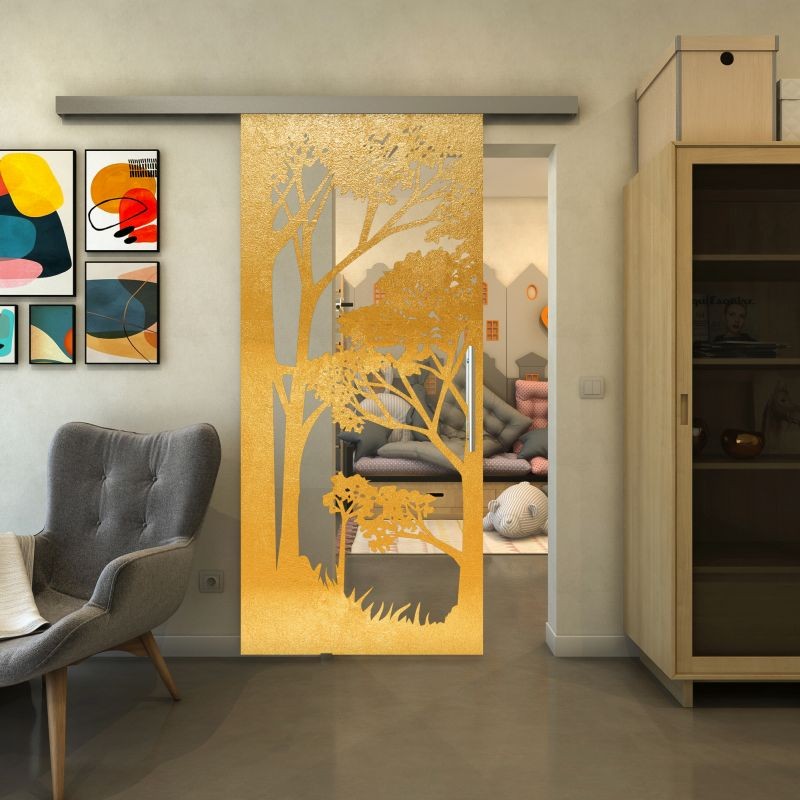 Glasschiebetür SLIM-LINE - Fineprint Modell 110 Gold auf Klarglas