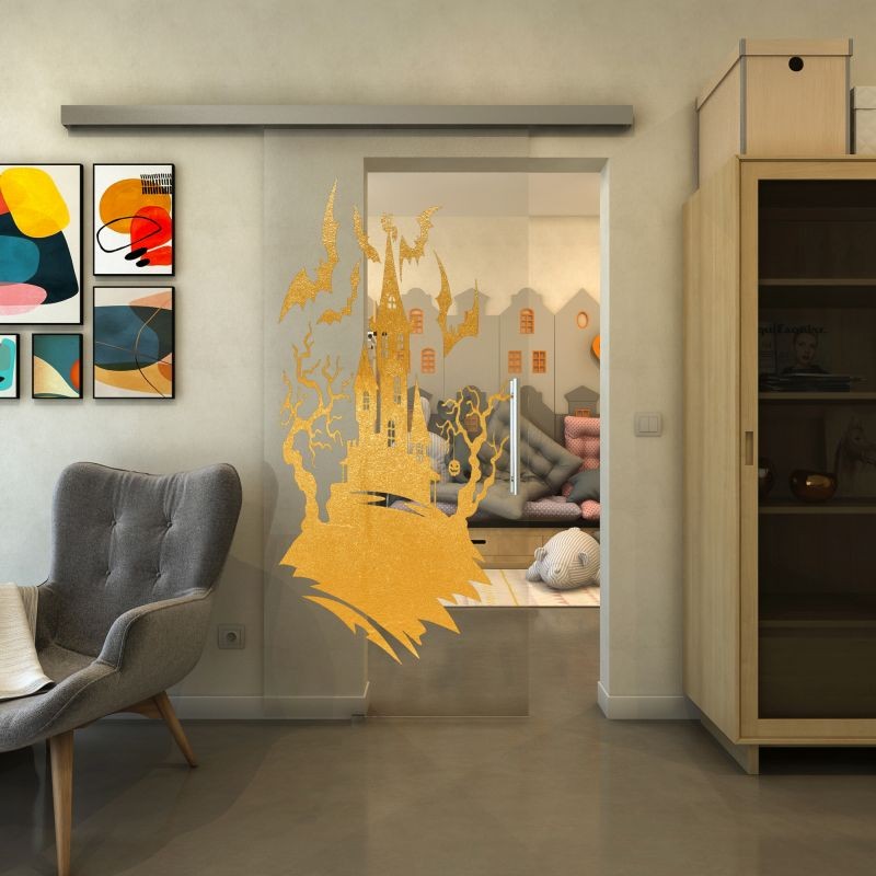 Glasschiebetür SLIM-LINE - Fineprint Modell 114 Gold auf Klarglas