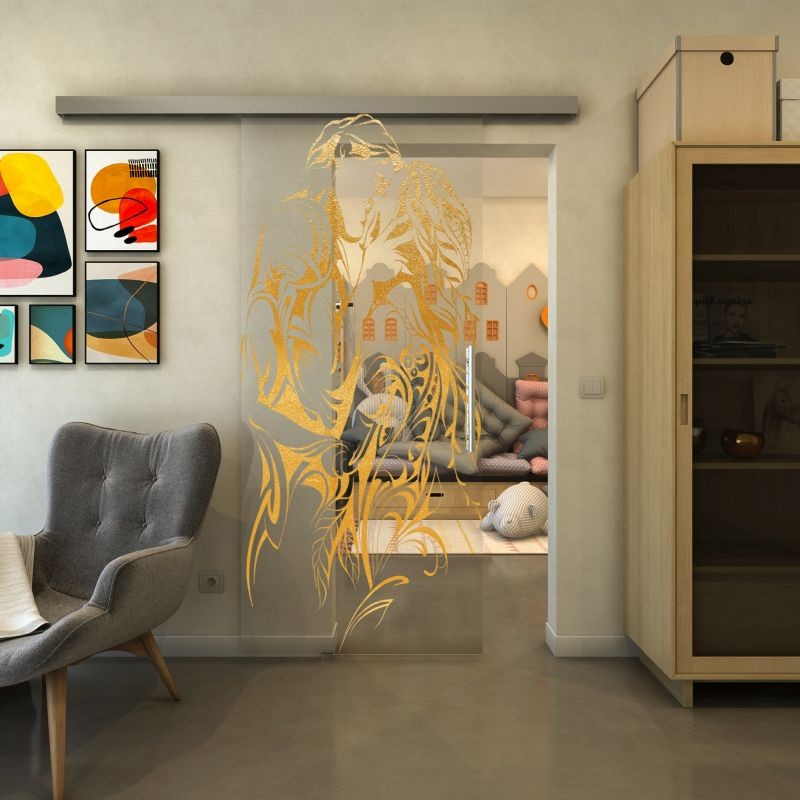 Glasschiebetür SLIM-LINE - Fineprint Modell 116 Gold auf Klarglas