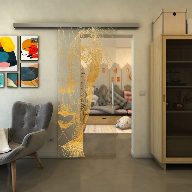 Glasschiebetür SLIM-LINE - Fineprint Modell 123 Gold auf Klarglas