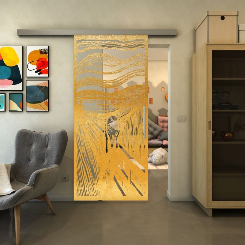 Glasschiebetür SLIM-LINE - Fineprint Modell 133 Gold auf Klarglas