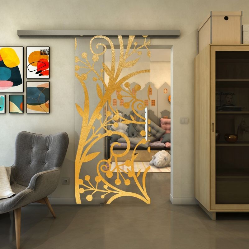 Glasschiebetür SLIM-LINE - Fineprint Modell 146 Gold auf Klarglas