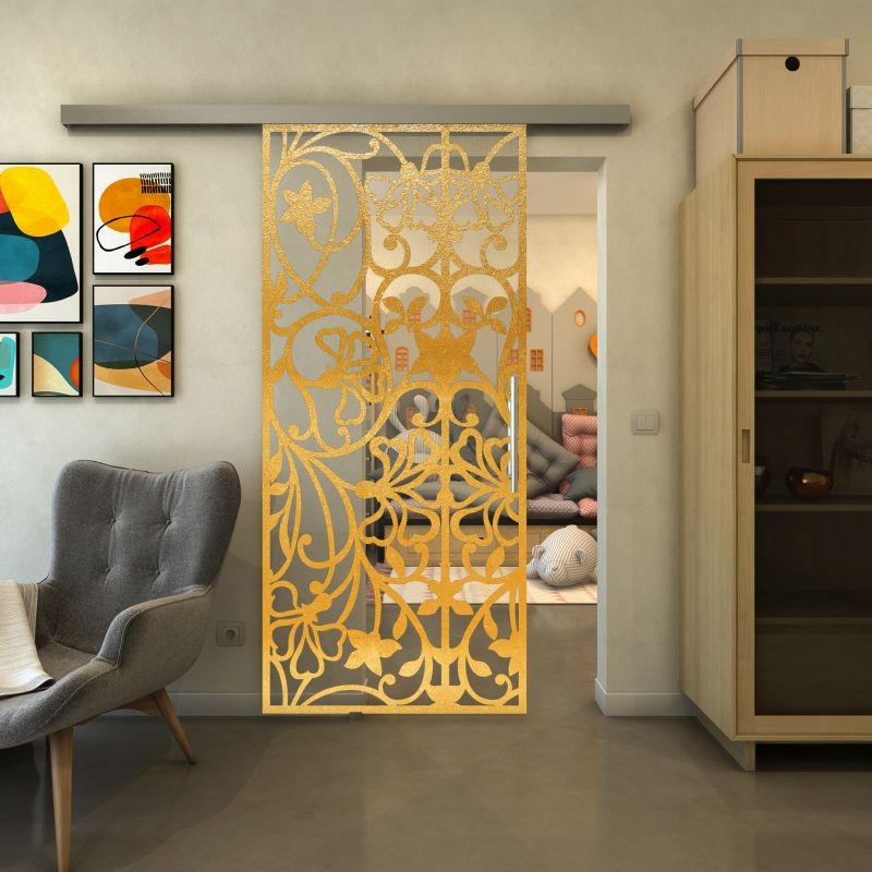 Glasschiebetür SLIM-LINE - Fineprint Modell 147 Gold auf Klarglas