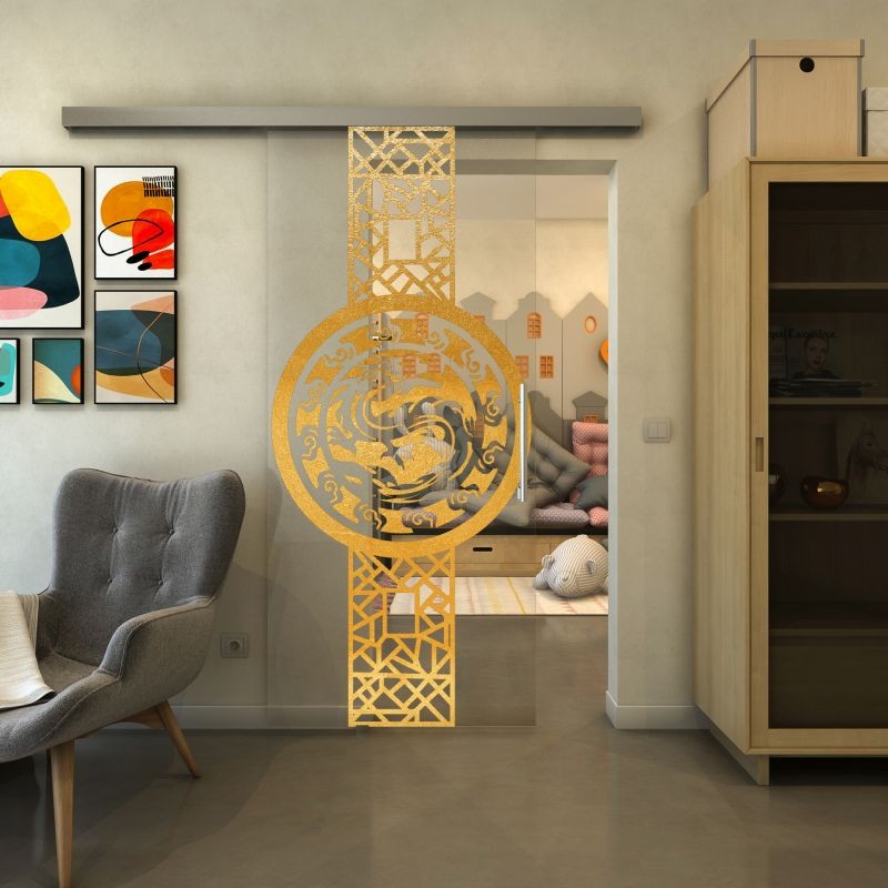 Glasschiebetür SLIM-LINE - Fineprint Modell 151 Gold auf Klarglas