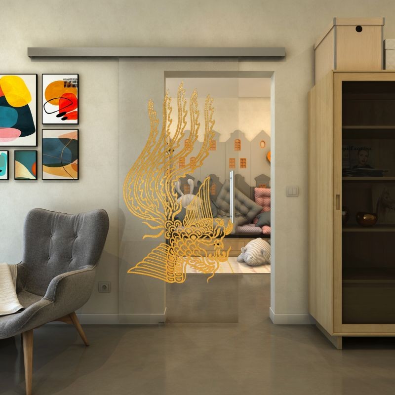 Glasschiebetür SLIM-LINE - Fineprint Modell 157 Gold auf Klarglas