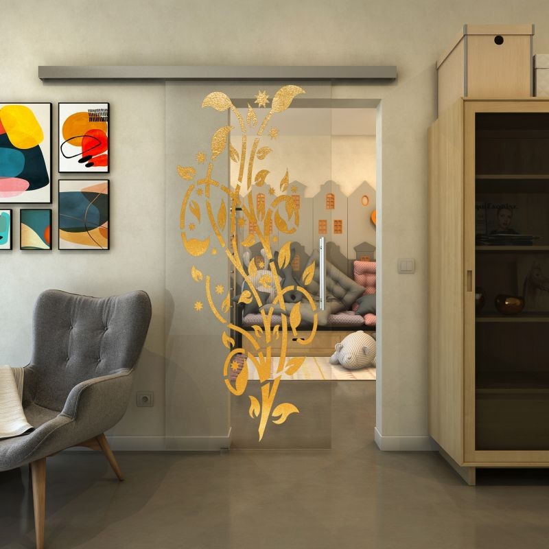 Glasschiebetür SLIM-LINE - Fineprint Modell 166 Gold auf Klarglas