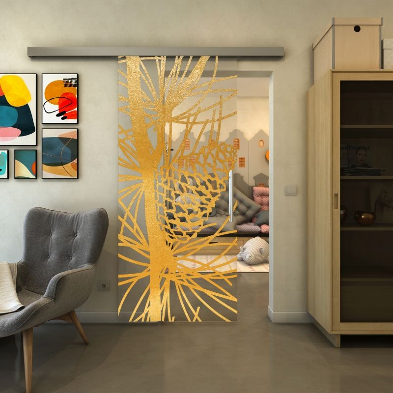 Glasschiebetür SLIM-LINE - Fineprint Modell 169 Gold auf Klarglas