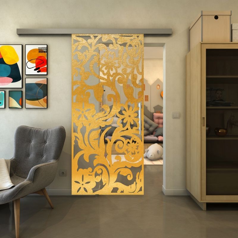 Glasschiebetür SLIM-LINE - Fineprint Modell 170 Gold auf Klarglas