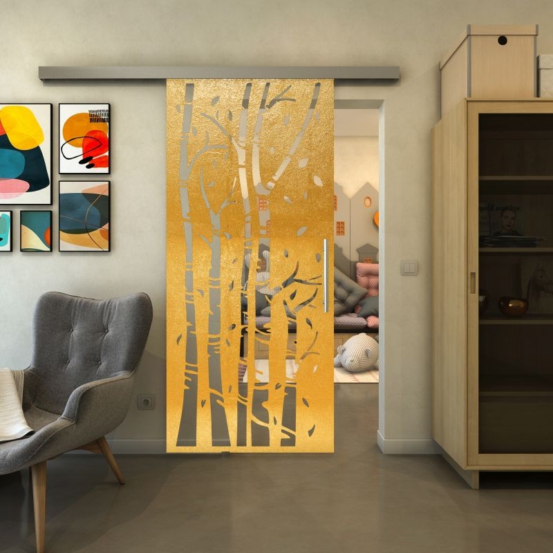 Glasschiebetür SLIM-LINE - Fineprint Modell 182 Gold auf Klarglas