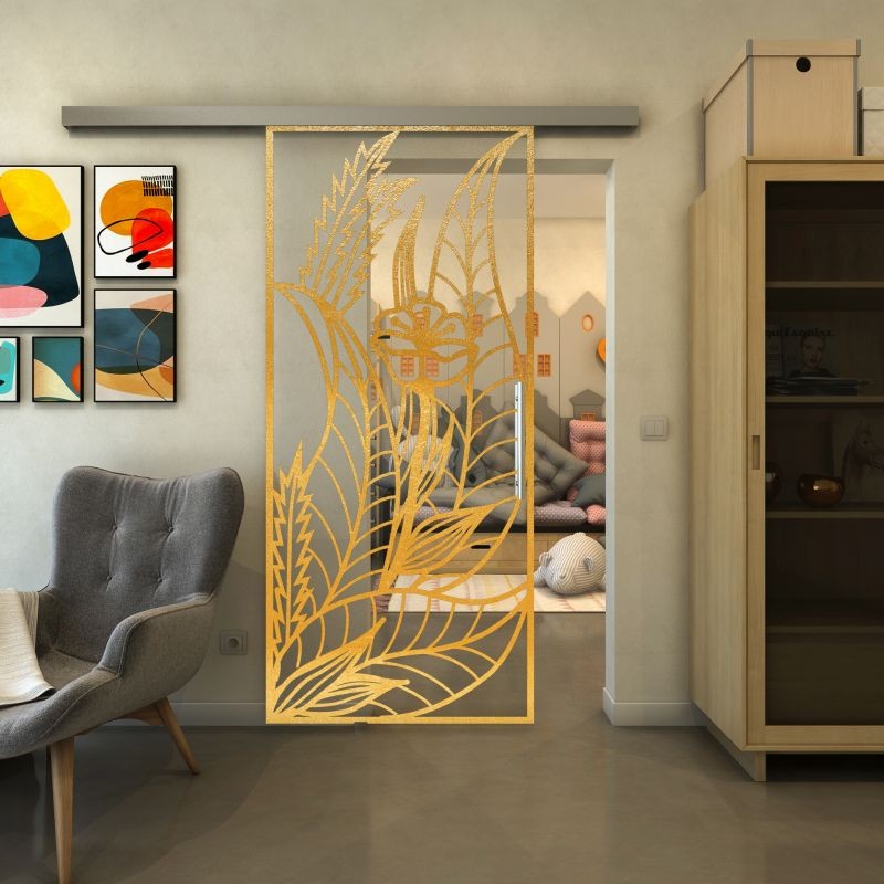 Glasschiebetür SLIM-LINE - Fineprint Modell 195 Gold auf Klarglas