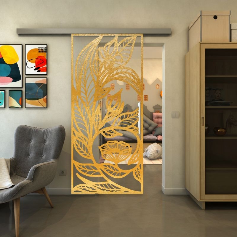 Glasschiebetür SLIM-LINE - Fineprint Modell 196 Gold auf Klarglas